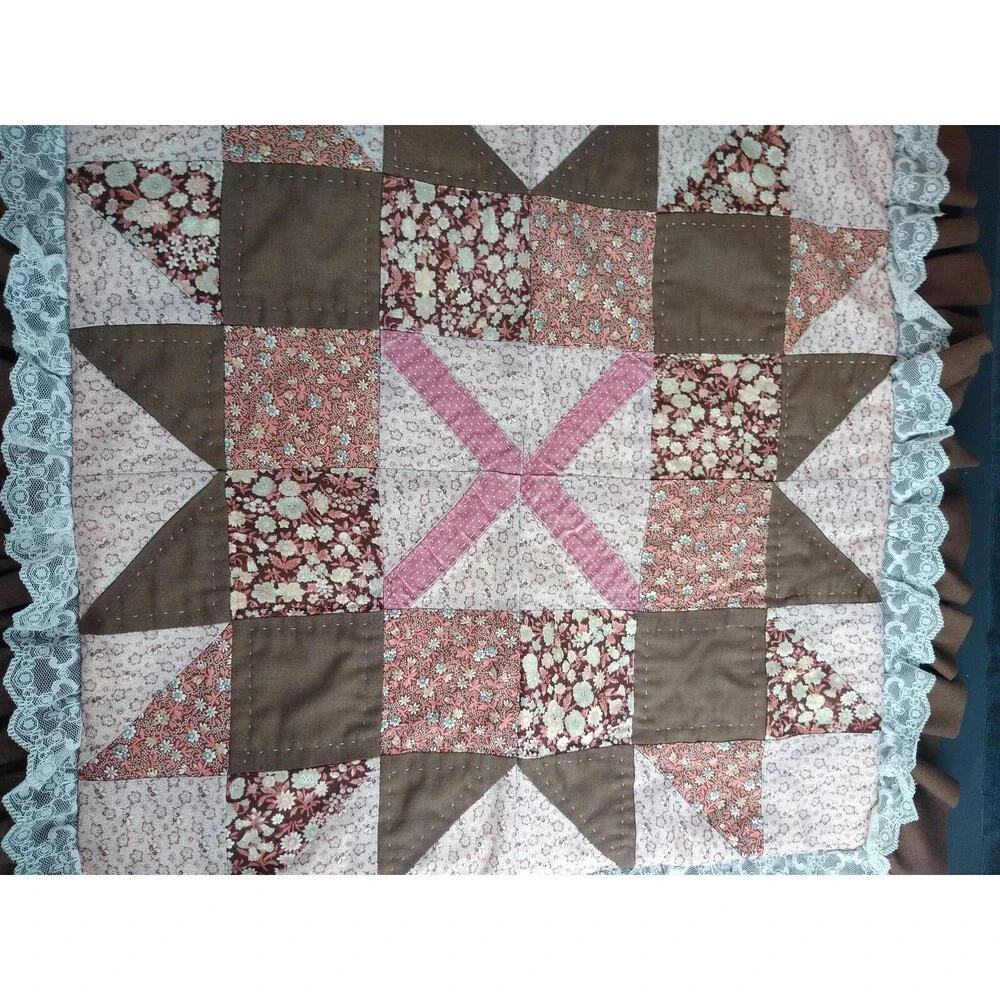 Vintage Quilt Pillow Cover Lace Ruffle Edging Brown Peach Floral for 14x14 inch